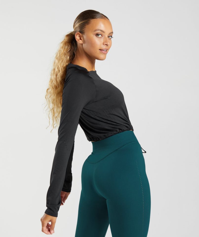 Women's Gymshark Sweat Seamless Long Sleeve Cropped Tops Black | NZ 1HTQLS